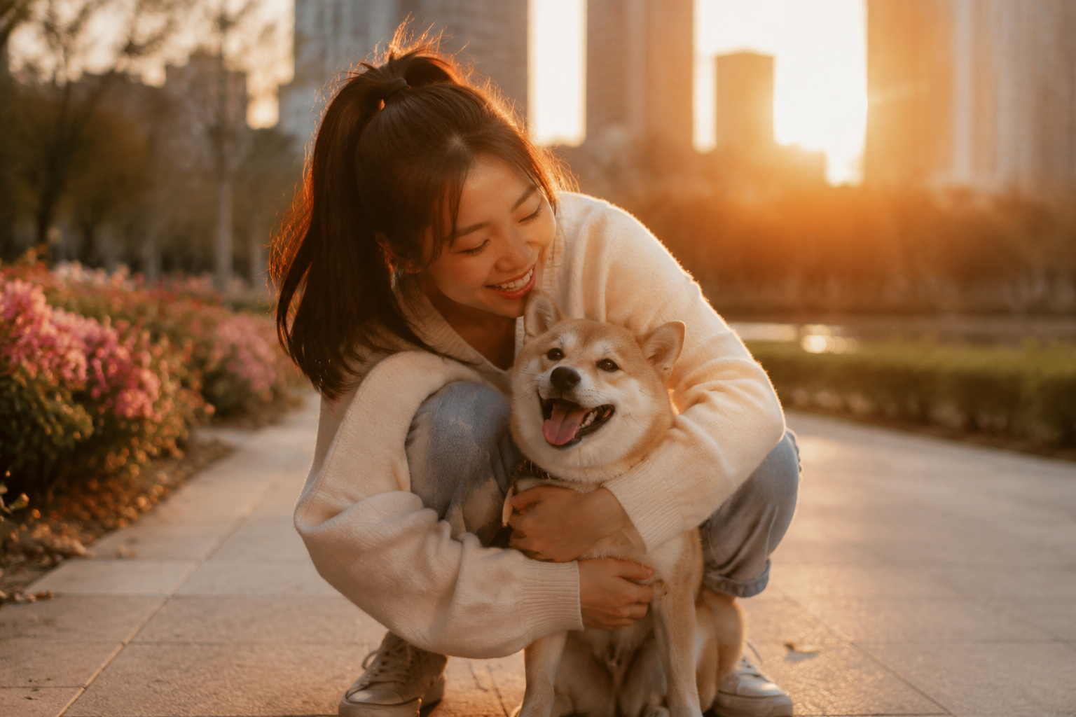 铲屎官和她的柴犬在城市公园里撒欢